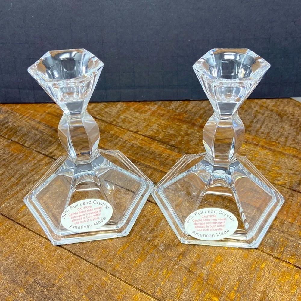24% Full Lead Crystal Candle Stick Holders Vintage. Set of 2 American Made